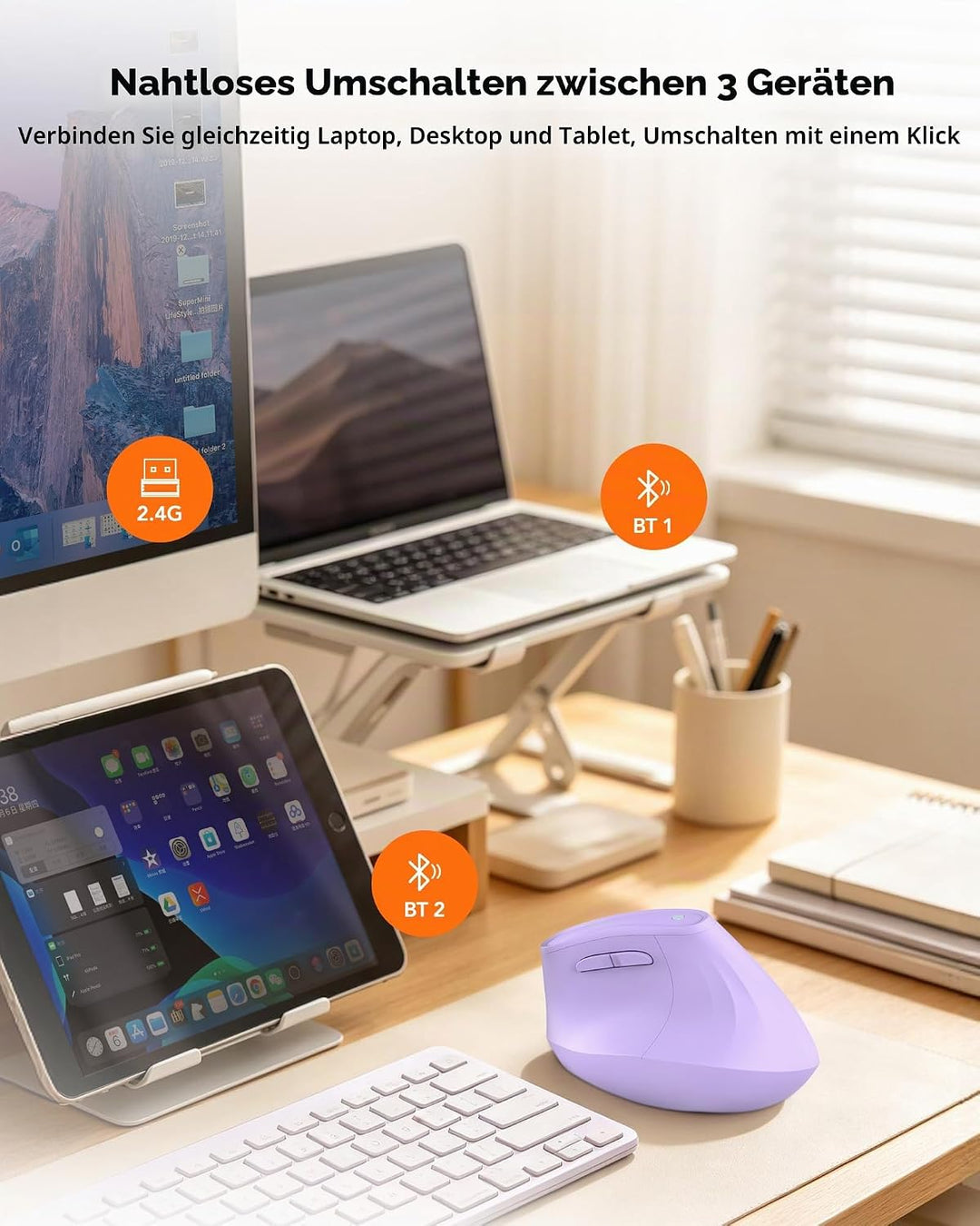 KYSONA Vertikale Ergonomische Maus 57°, Kabellos Bluetooth & 2,4 GHz, 5 DPI-Stufen, Leise Klicks, Ha