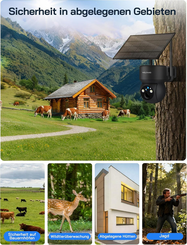 WOLFANG Wildkamera 4G LTE Mobilfunkkamera Solarbetrieben mit 2,5K View Live Video, Pan 355° Neigung