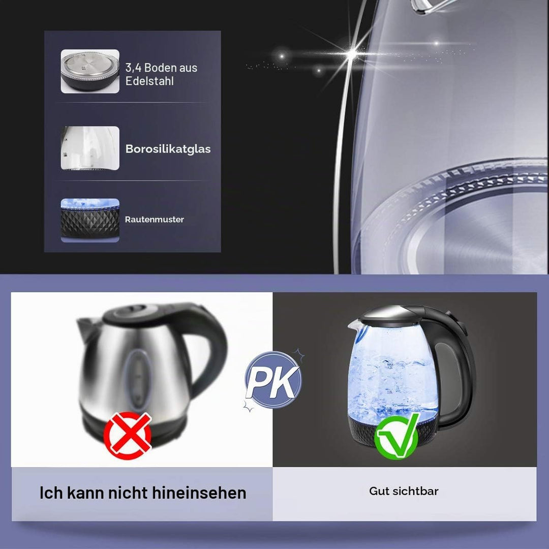EXTRASTAR Elektrischer Wasserkocher aus Glas mit blauem LED-Licht, bpa, automatischer Abschaltung un
