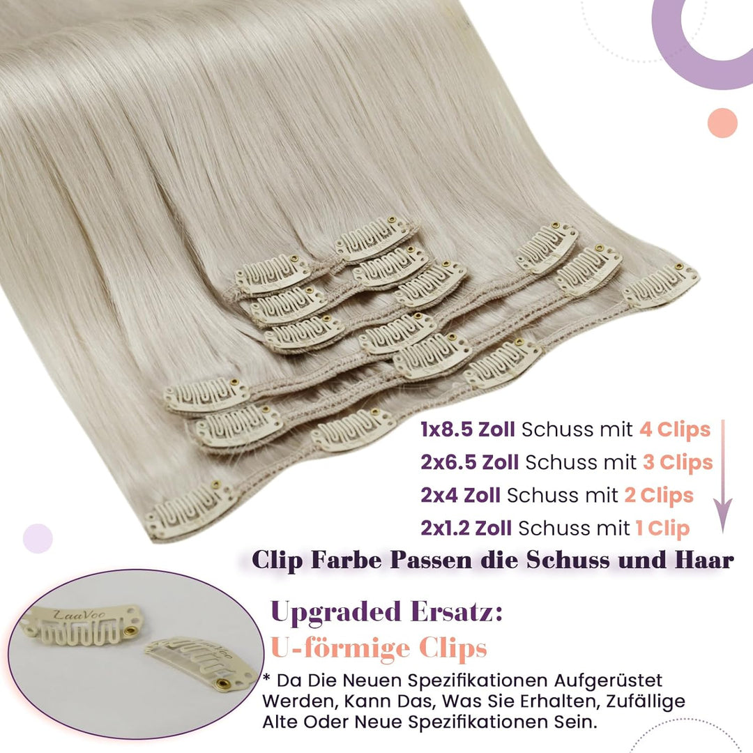 LaaVoo Clip in Haarverlängerung Echthaar Platinblond 105g Clip in Remy Extensions 