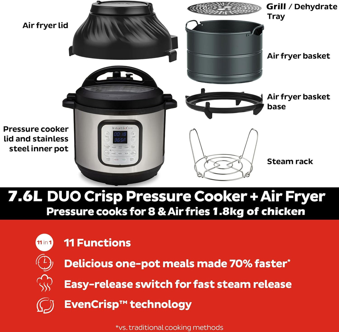 Instant Pot Duo Crisp + Heissluftfritteuse 11-in-1 Elektro-Multikocher 7,6 L - Schnellkochtopf, Luft
