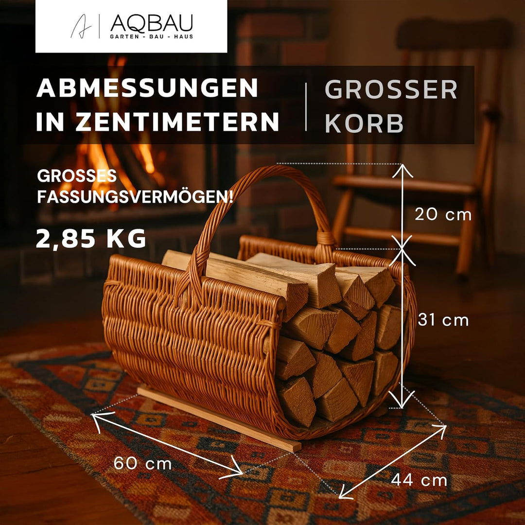 Kaminholzkorb XXL - 60 x 44 cm aus Weide mit Holzleisten und Jute-Einlage – Handgeflochtener Brennho