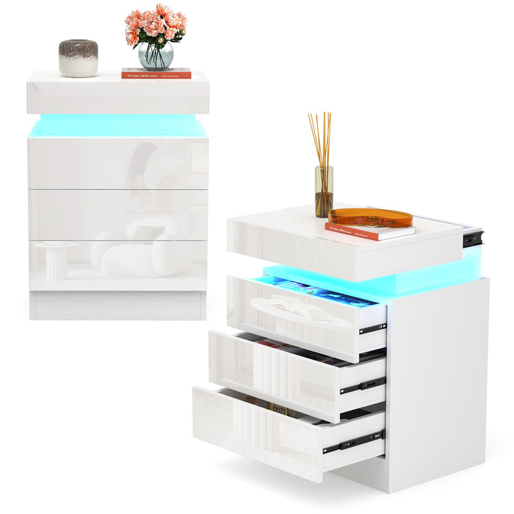 Lvhcmfohm Nachttisch Weiss 2er Set, Nachtschrank mit Led Licht, Nachtkommode mit 3 Schubladen und Sc