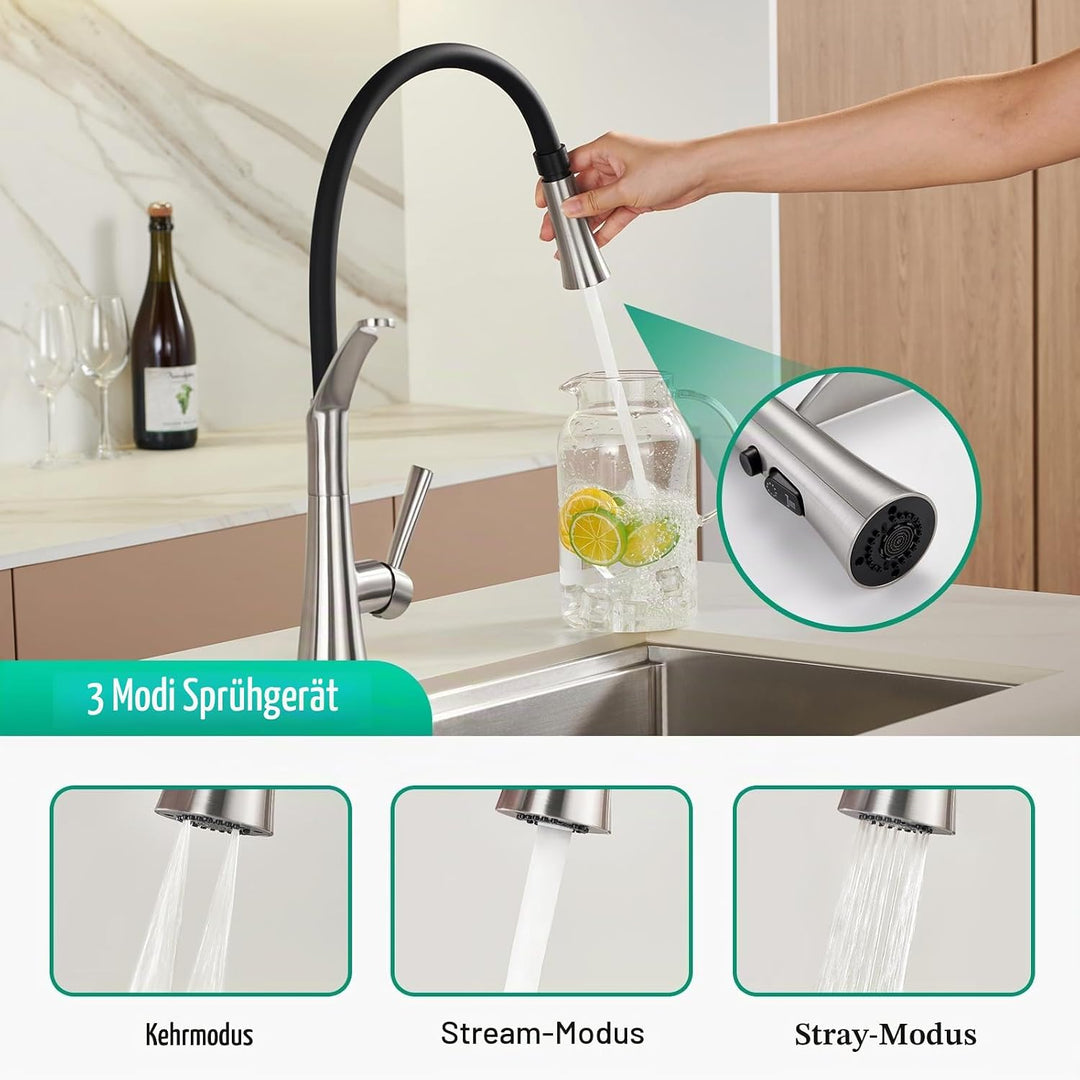CREA Wasserhahn Küche mit 2 Funktionen Brause, Küchenarmatur mit Ausziehbarer Brause, 360° Drehbare