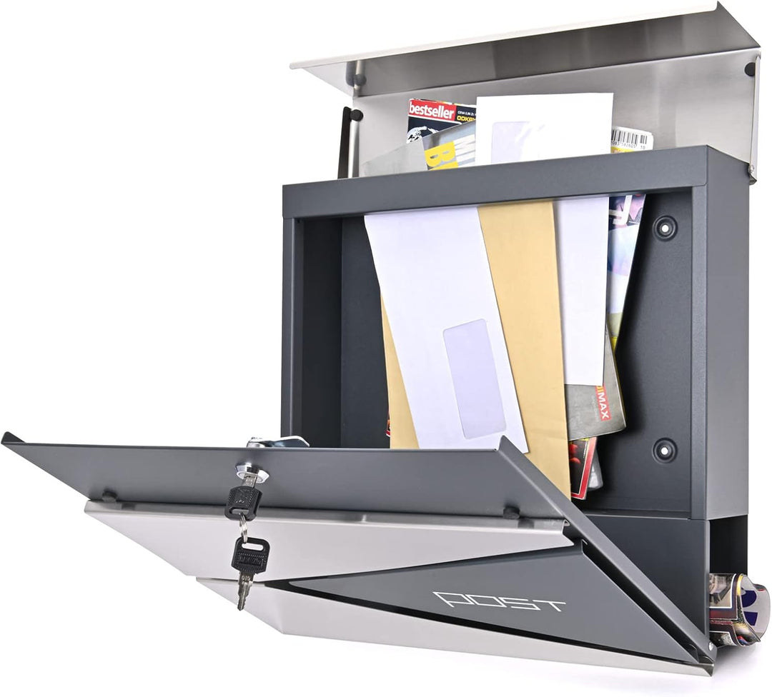 Verda Briefkasten mit Zeitungsfach, Postkasten Designer Wandbriefkasten mit Edelstahl, Schloss unter