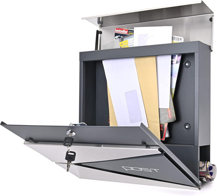 Verda Briefkasten mit Zeitungsfach, Postkasten Designer Wandbriefkasten mit Edelstahl, Schloss unter