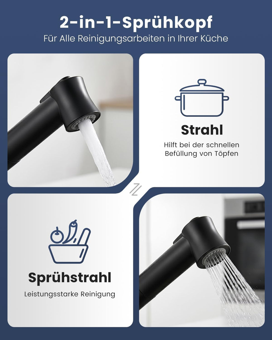 Schwarz Wasserhahn Küche 360° Drehbar, Küchenarmatur Ausziehbar mit Hohe Bogenauslauf, 2 Strahlarten