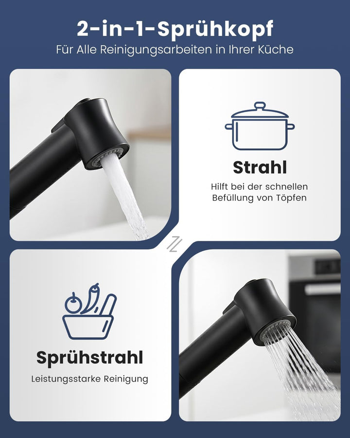 Schwarz Wasserhahn Küche 360° Drehbar, Küchenarmatur Ausziehbar mit Hohe Bogenauslauf, 2 Strahlarten
