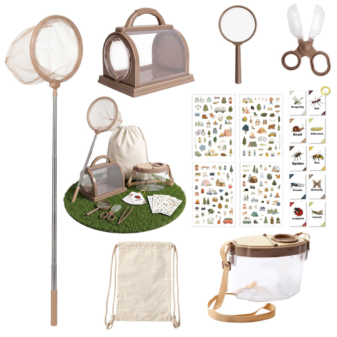 9 Pcs Forscherset Insektenfänger Set für Kinder, Outdoor Entdecker Set mit Lupen Schmetterlingsnetz