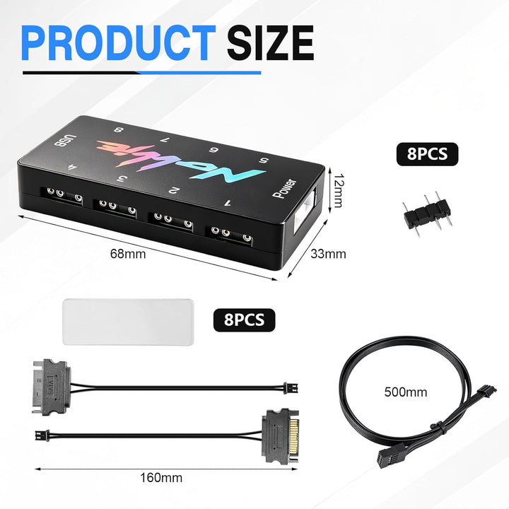 8-Port Signal RGB-Controller für PC, 5V 3-Pin SATA-gespeister ARGB-Controller PC-Beleuchtungs-Hub, F