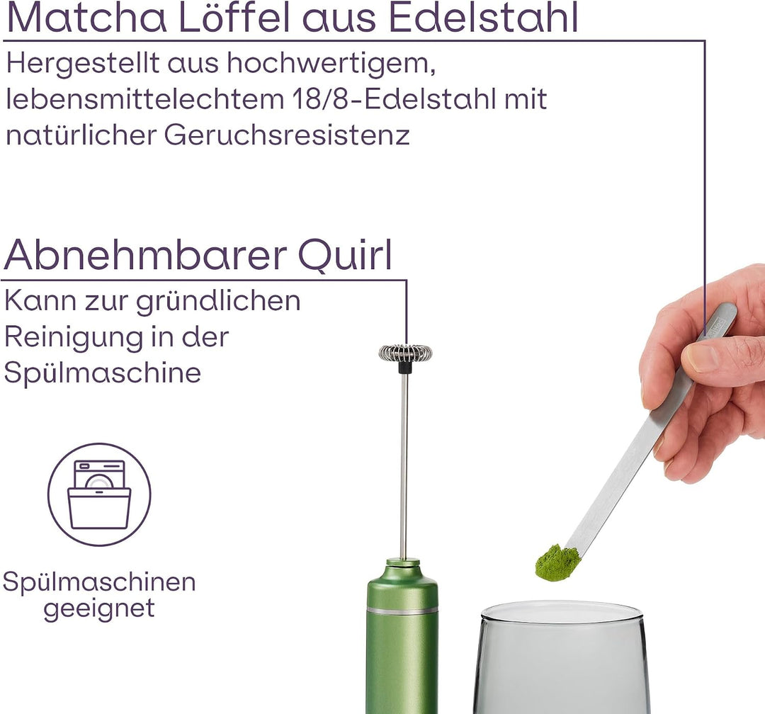 AdHoc Chado Set 3-tlg. – Matcha-Geniesser-Set mit elektrischem Milchaufschäumer, mundgeblasenem Glas