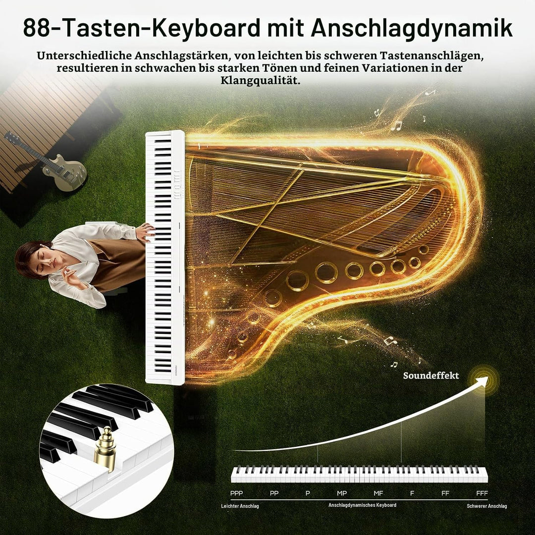 TERENCE E Piano 88 Tasten Weiss, Keyboard Piano mit Halbgewichtet, Faltbares Klavier mit Aufnahme un