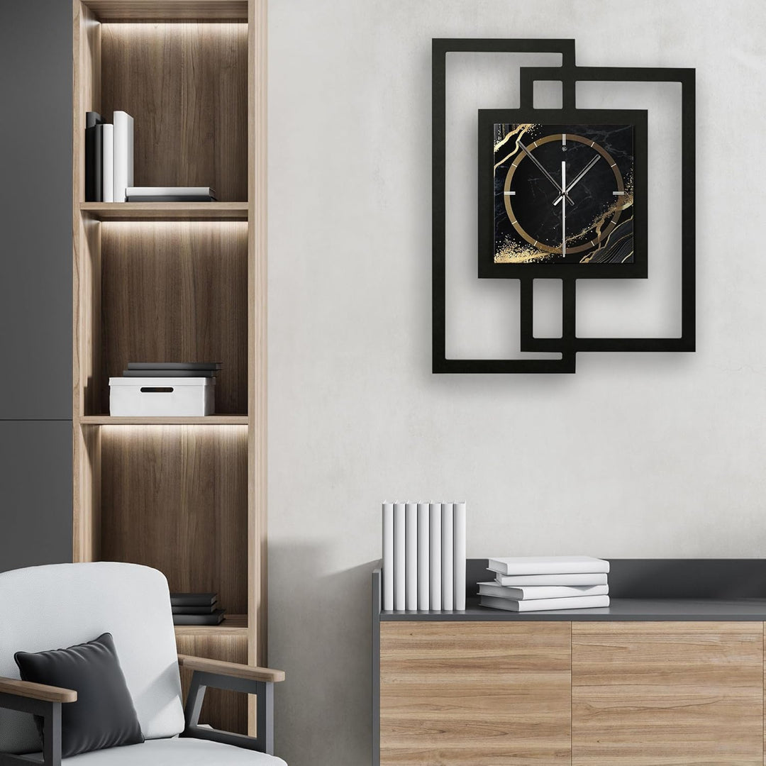 Kreative Feder Designer-WANDUHR „Black &amp; Gold Waves“ in modernem Metallic-Look ohne Tickgeräusche (F