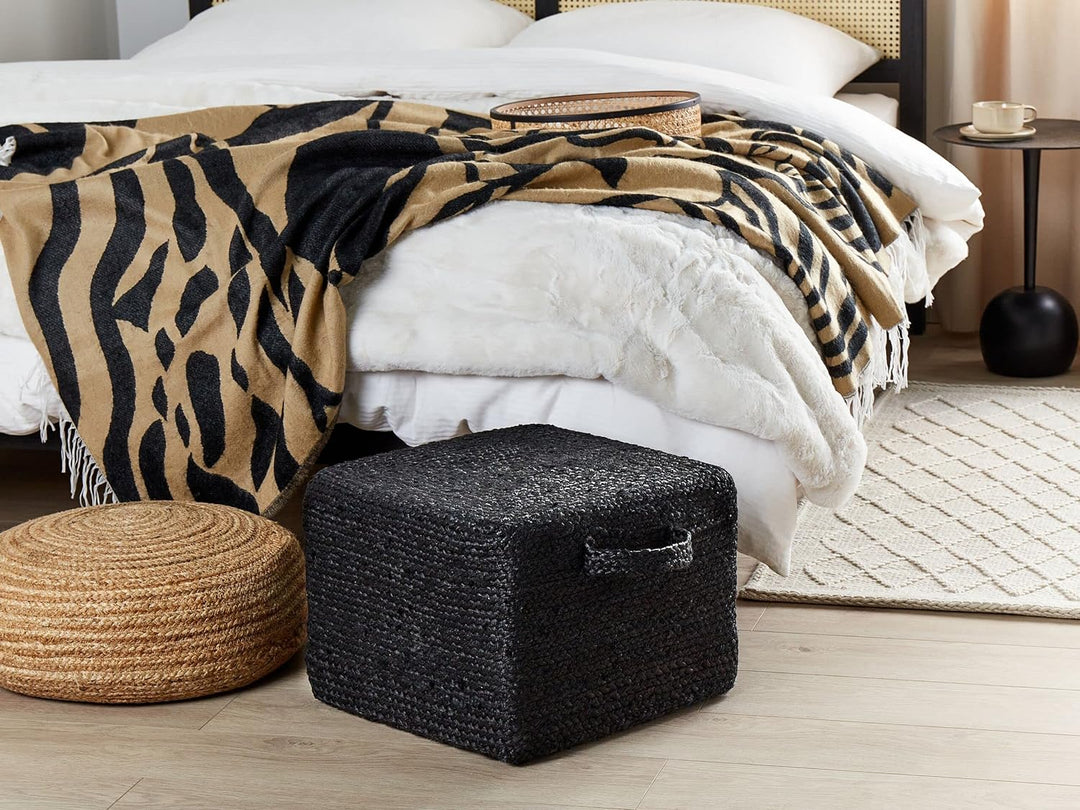 Pouf aus Jute schwarz 45x45x30 cm Sitzhocker im Boho Stil Dhadar