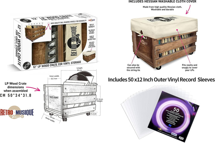Retro Musique Aufbewahrungsbox aus Holz für bis zu 100 Alben (in PVC-Hüllen) mit Sackleinen-Stoffbez