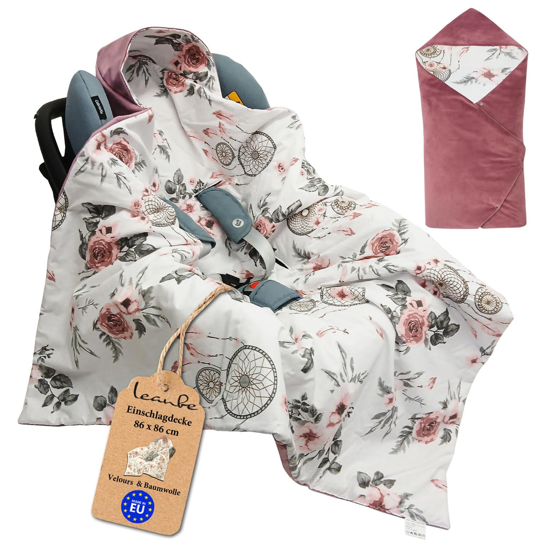 Baby Einschlagdecke Doppelseitig 86x86 cm Baumwolle-Velours für Kinderwagen und Babybett (Rosa Velou