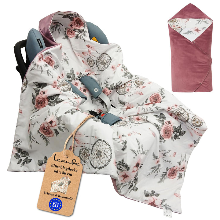 Baby Einschlagdecke Doppelseitig 86x86 cm Baumwolle-Velours für Kinderwagen und Babybett (Rosa Velou