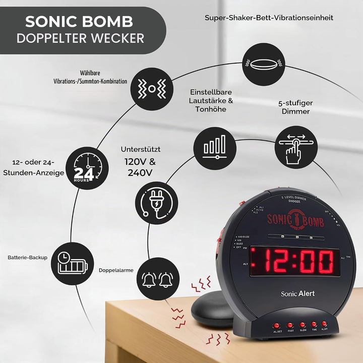 Geemarc SBB500 Super Laut Vibrations Wecker (85dB) - Schwarz SBB500SS Schwarz, SBB500SS Schwarz