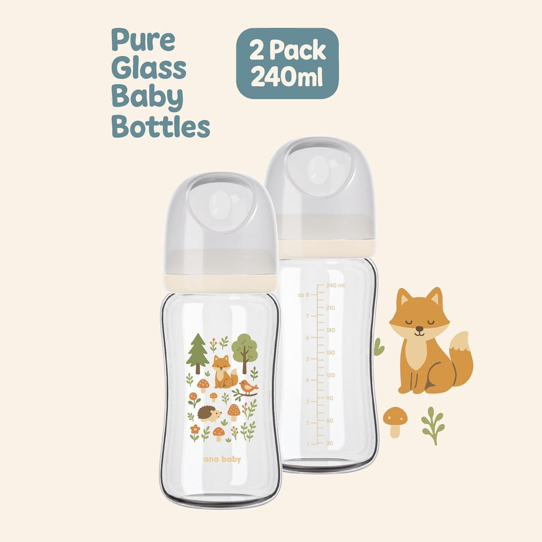 Ana Baby Babyflaschen aus reinem Glas, 2er-Set, BPA-freie Borosilikatglasflaschen mit weichem Siliko