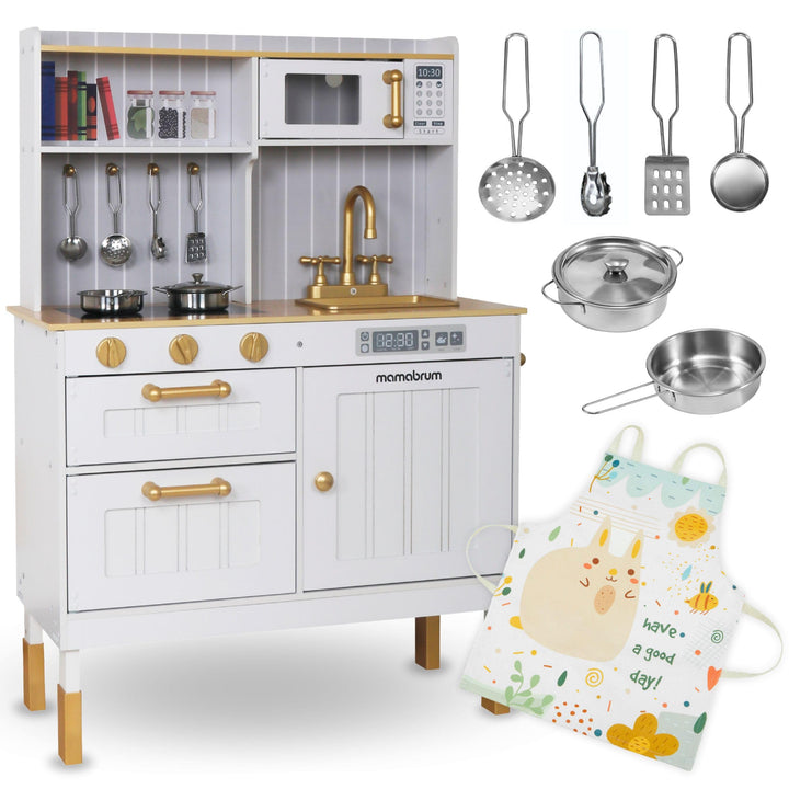 Mamabrum Kinderküche Holz, Weisse Spielzeug Küche Set mit Mikrowelle, Backofen, Spülbecken, Töpfe, P