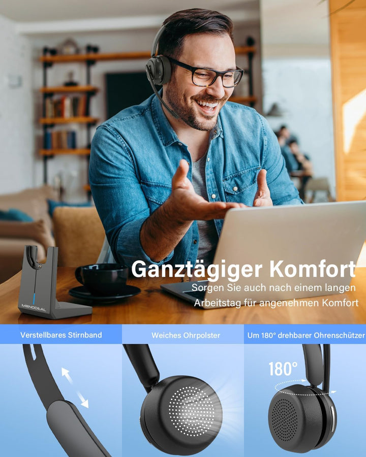 MONODEAL Bluetooth Headset mit Mikrofon, Wireless Headset mit Stummschalttaste, 65 Stunden Anrufe, H