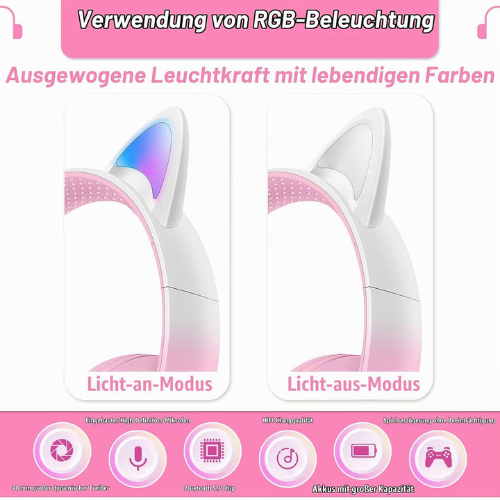 Katzenohr Kopfhörer Kindergeburtstag Geschenke Kind LED Katzenohren Farbgradient Kabellose Bluetooth