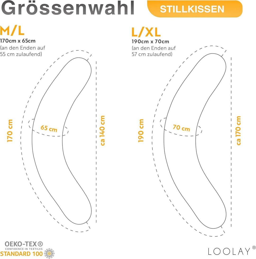 LOOLAY Schwangerschaftskissen - Stillkissen 170 cm - Seitenschläferkissen 100% Baumwolle - mit Abneh