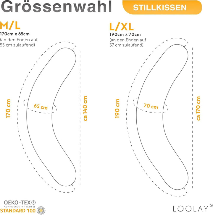 LOOLAY Schwangerschaftskissen - Stillkissen 170 cm - Seitenschläferkissen 100% Baumwolle - mit Abneh