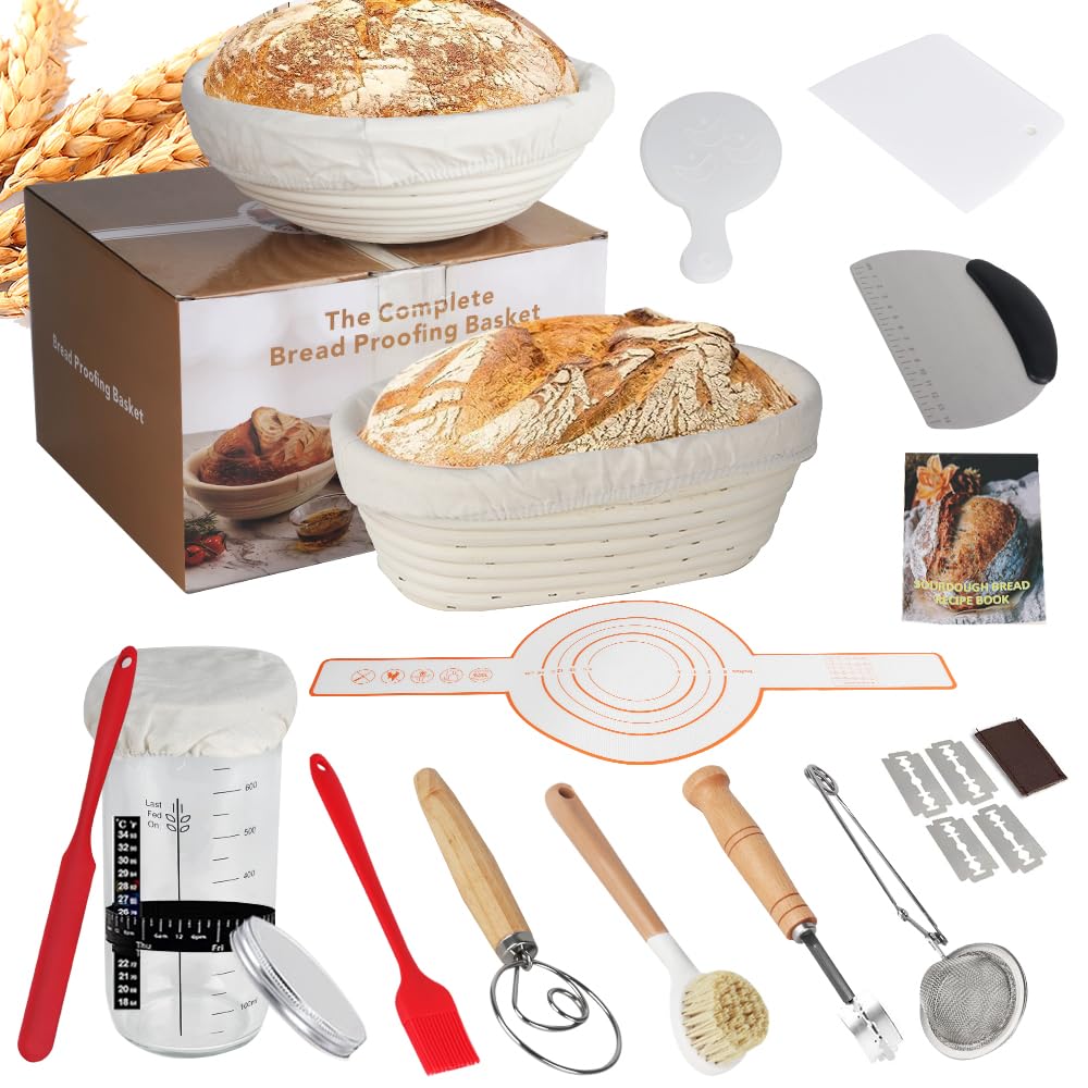 Sauerteig Starter Set, 18-teilig Rund & Oval GärkörbchenSet, Brotbacken Startver Set, Brot Backen Zu