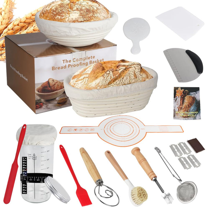 Sauerteig Starter Set, 18-teilig Rund & Oval GärkörbchenSet, Brotbacken Startver Set, Brot Backen Zu