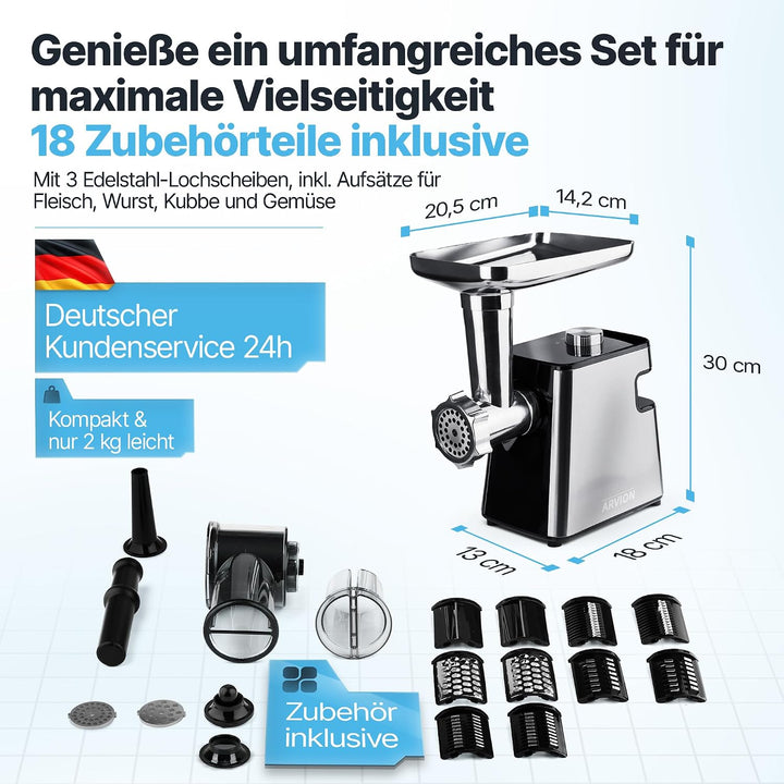 Fleischwolf elektrisch [TESTSIEGER] 4-in-1 | Kubbe | Wurstfüller | Gemüse Reiben | Hackfleisch | 18-