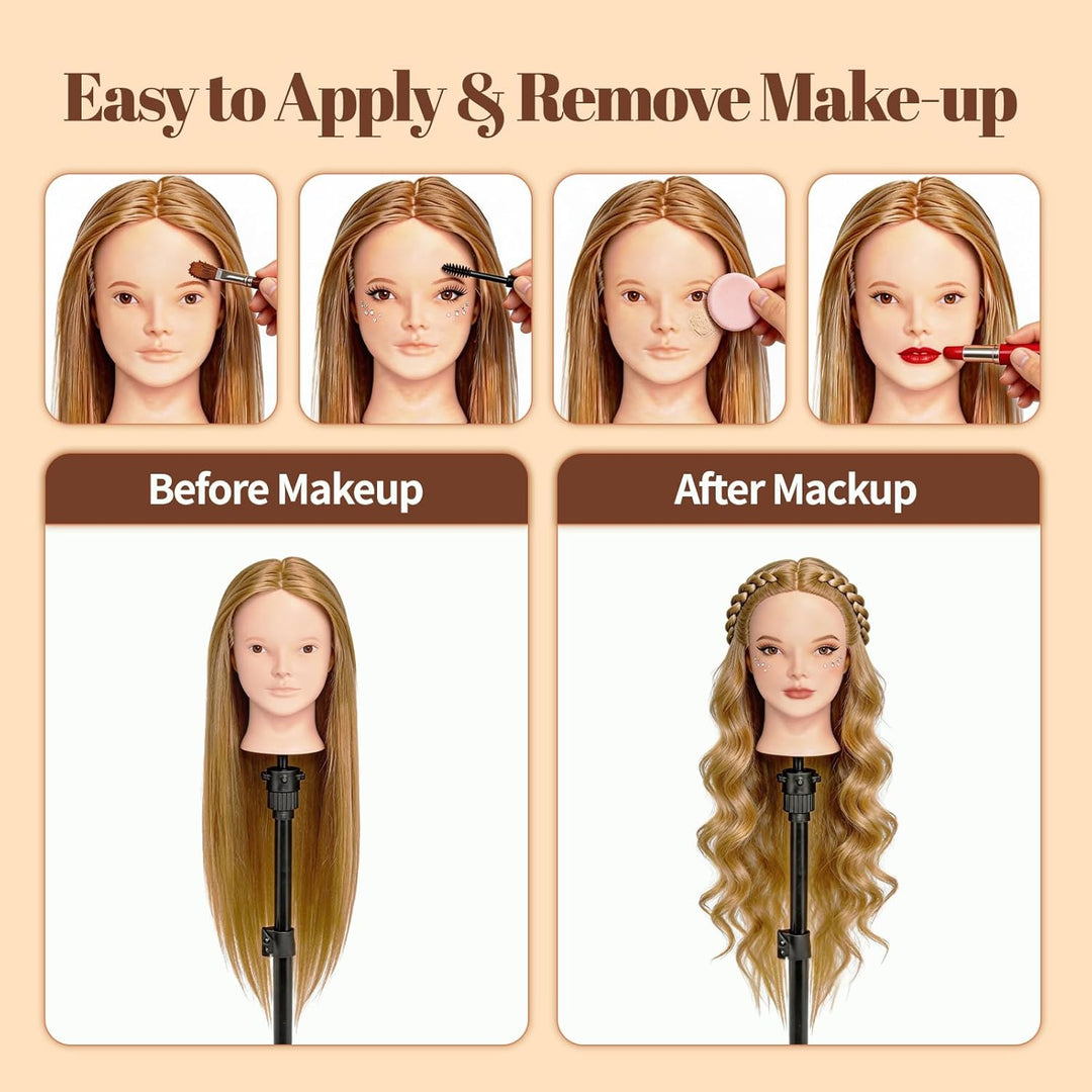 Yofuly 26Zoll/66cm Frisierkopf, 80% Echthaar Übungskopf, Make-up Frisieren Trainingsköpfe, Mannequin