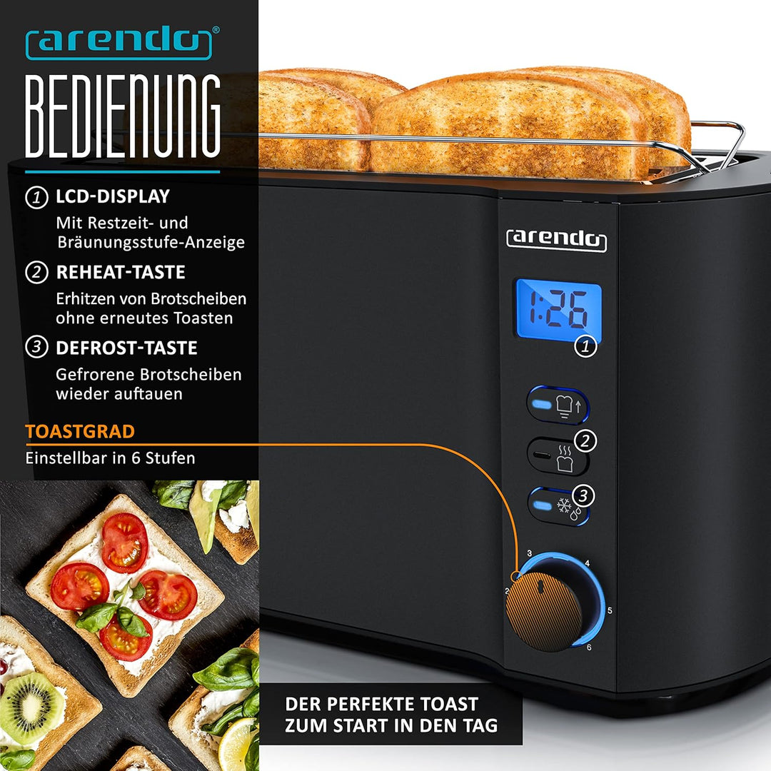 Arendo - SET Toaster MANHA mit Eierkocher SIXCOOK Edelstahl Schwarz, Toaster 4 Scheiben, LED-Display