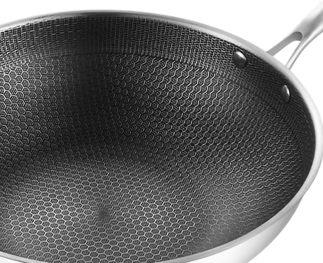 Wok, Wok-Pfanne mit Geschnitzter Mikrogravur, 3-lagiger Doppelseitiger Waben-Edelstahl-Wok für die K