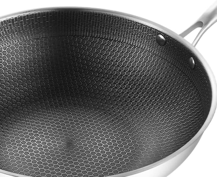 Wok, Wok-Pfanne mit Geschnitzter Mikrogravur, 3-lagiger Doppelseitiger Waben-Edelstahl-Wok für die K
