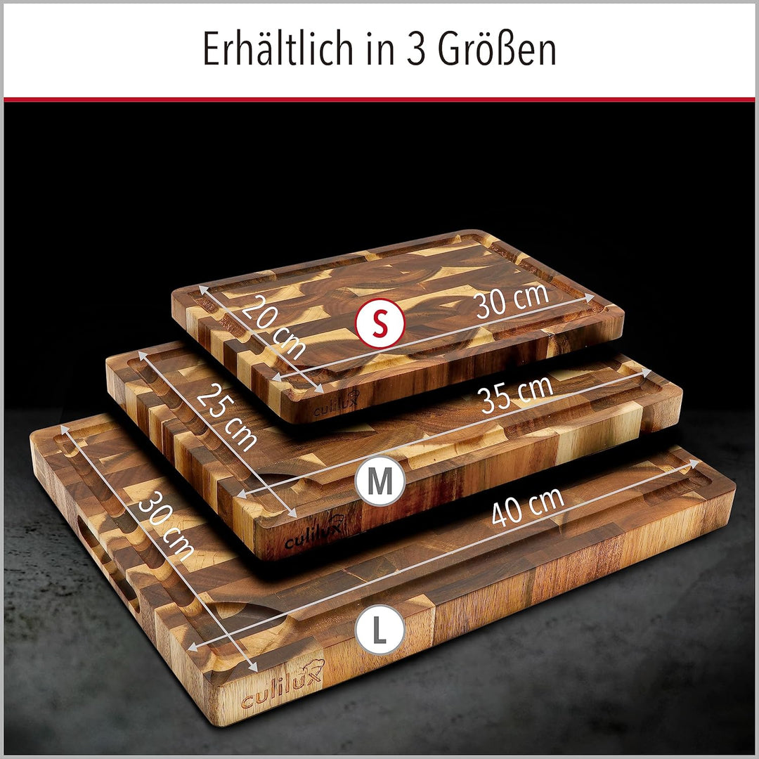 CULILUX® Gourmet Schneidebrett S Stirnholz Akazie 2-seitig 30 x 20 x 2 cm mit Saftrille antiseptisch
