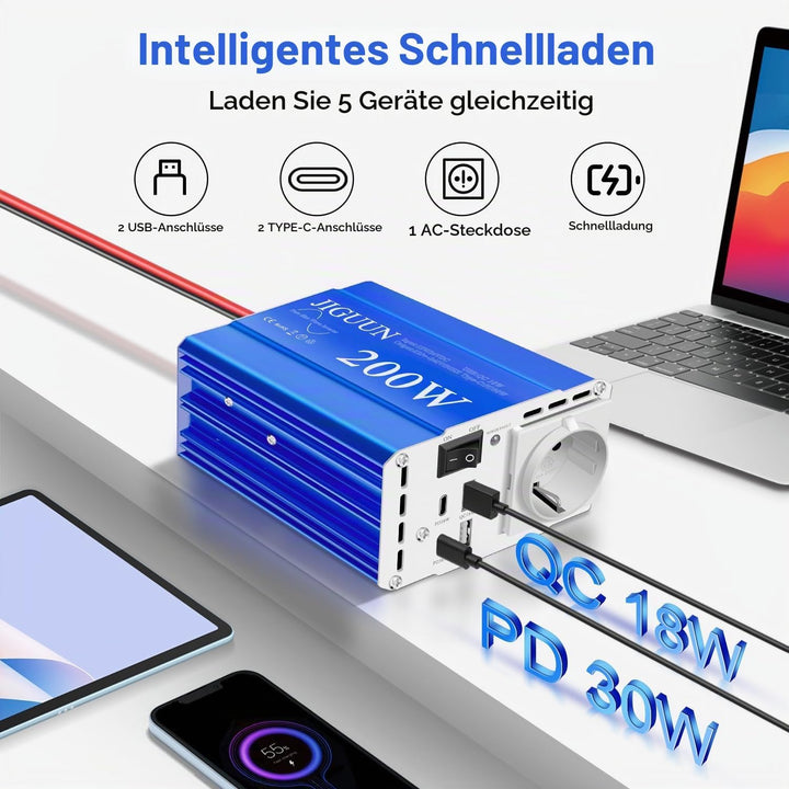 JIGUUN 200W Wechselrichter 12V/24V auf 230V Reiner Sinus Spannungswandler mit EU Steckdose,2 USB,2 T