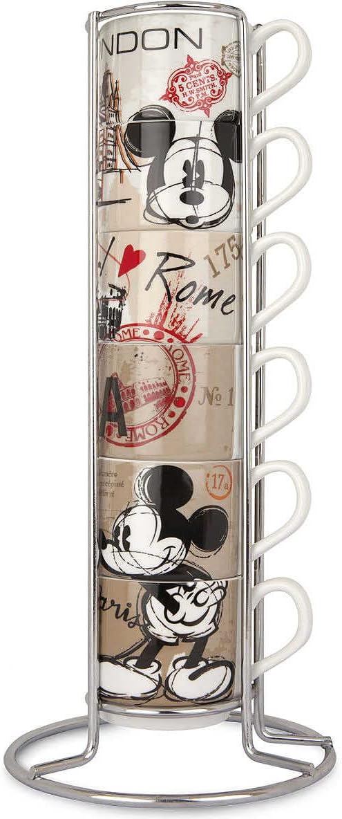Egan, Porzellan, Set 6 Kaffeetassen Stapelbar Mickey Mouse In The City mit Mettallgestell, mehrfarbi