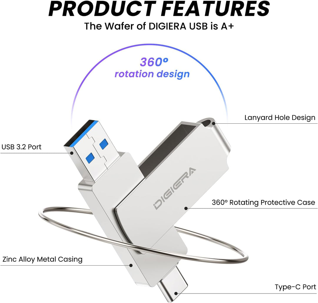 DIGIERA 128 GB 2-in-1-USB-A- und USB-C-Stick, USB 3.2 Gen 1-Stick, 520 MB/s Lese- und 430 MB/s Schre