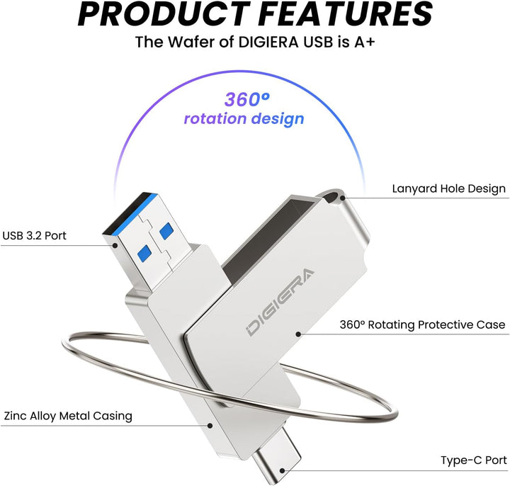 DIGIERA 128 GB 2-in-1-USB-A- und USB-C-Stick, USB 3.2 Gen 1-Stick, 520 MB/s Lese- und 430 MB/s Schre
