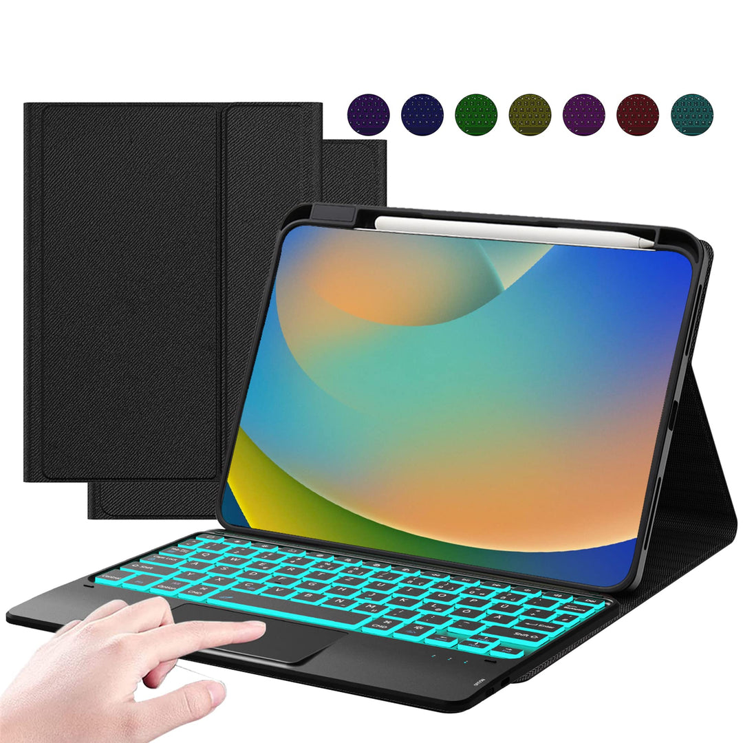 ROOFEI iPad 10. Generation Hülle mit Tastatur QWERTZ - 7 Farbige Hintergrundbeleuchtete Multi-Touch-