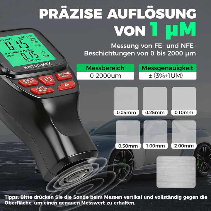 Digitales Lackmessgerät Auto, 0-2000 µm Lackdickenmessgerät für Auto, Einheitenumrechnung (Mikron, M