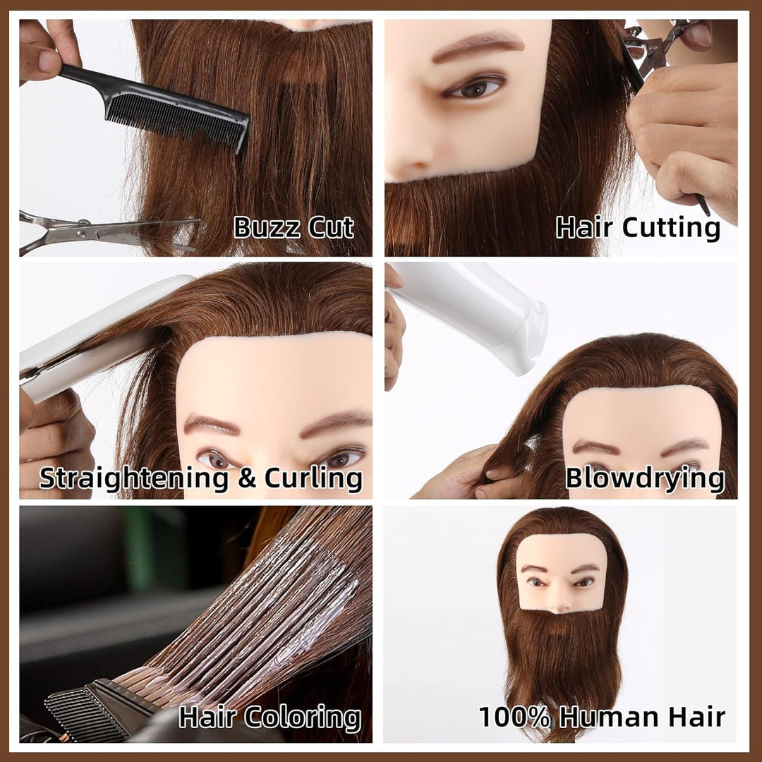 Mann Frisierkopf mit Ständer 100% Echthaar mit Bart Männlich Übungskopf Echthaar Friseur Kopf Puppen