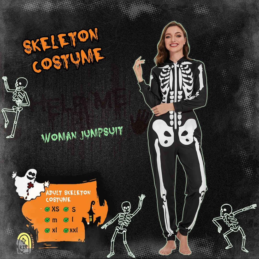 Ulikey Halloween Skelett Kostüm Damen, Halloween Skelett Onesie Overall Pyjama Erwachsene Damen Hall