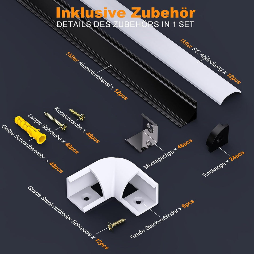LED Profil Schwarz V Form, 12Pack Aluminiumkanal Eckprofil Kanal Schwarz Profil mit Milchiger Weisse