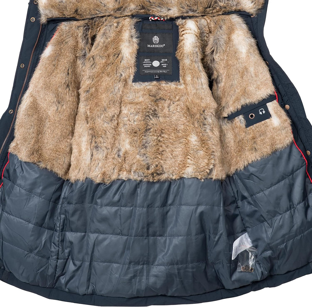 MARIKOO Damen Winterjacke warme Steppjacke mit Kunstfell Innenfutter Nekoo XS-3XL S Blau, S Blau