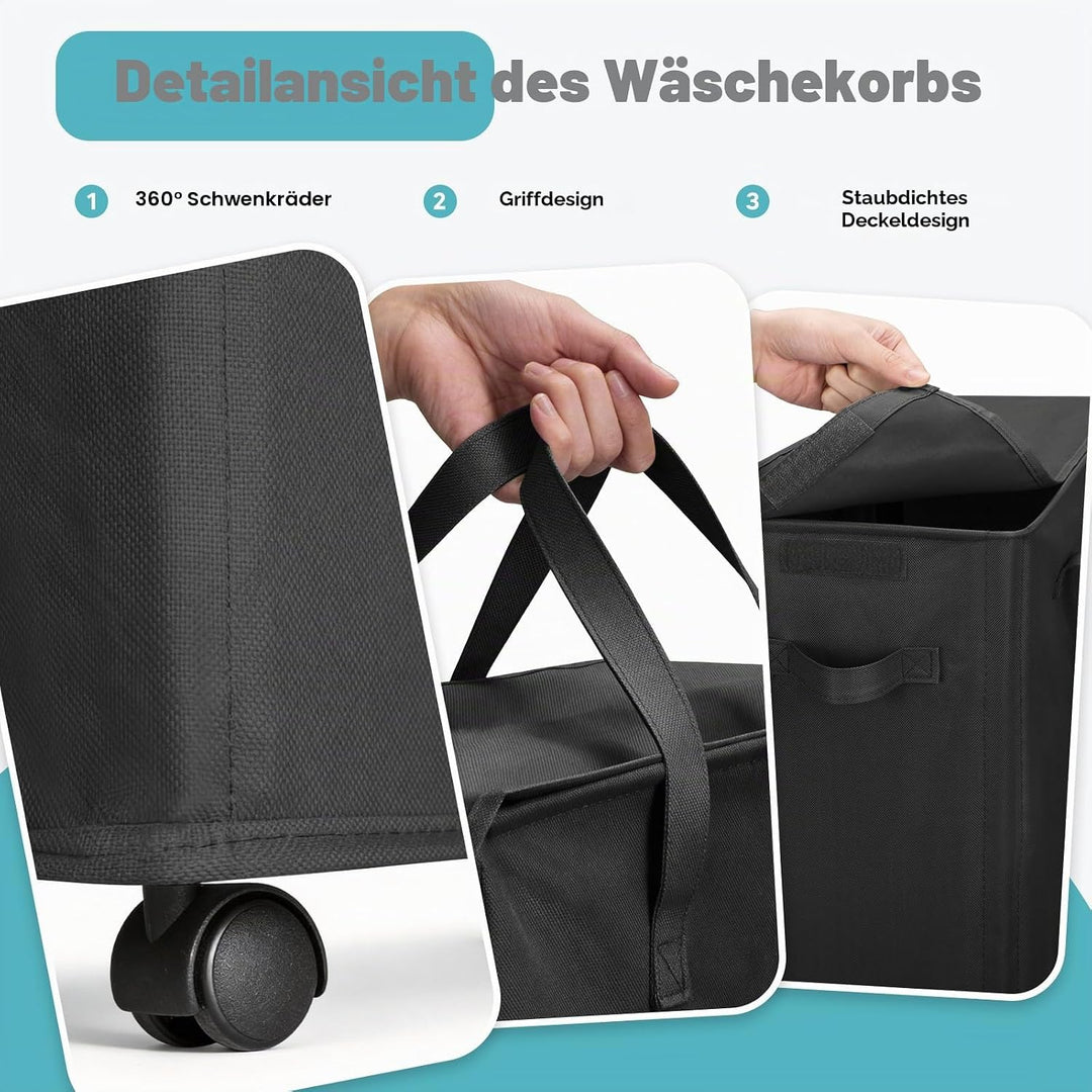 Slim Wäschekorb mit Deckel 55L, Wäschebeutel mit Rollen, atmungsaktiv, zusammenklappbar, schmal,für