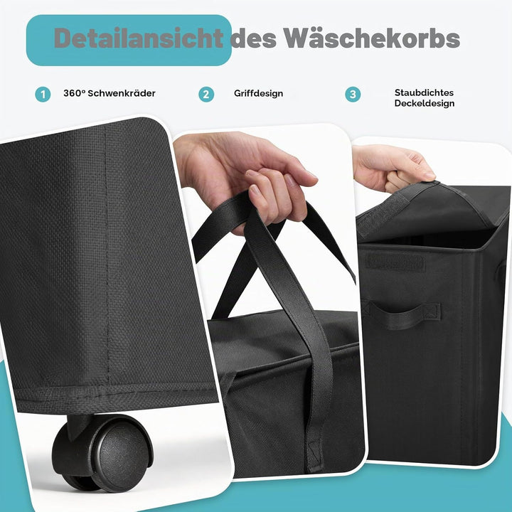 Slim Wäschekorb mit Deckel 55L, Wäschebeutel mit Rollen, atmungsaktiv, zusammenklappbar, schmal,für