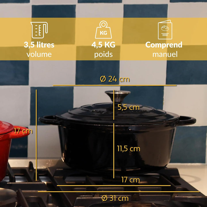 Chefarone Gusseisen Topf Brot Backen 24 Cm, 3,5 L Schmortopf, Emailliert Zum Schmoren, und Braten, B