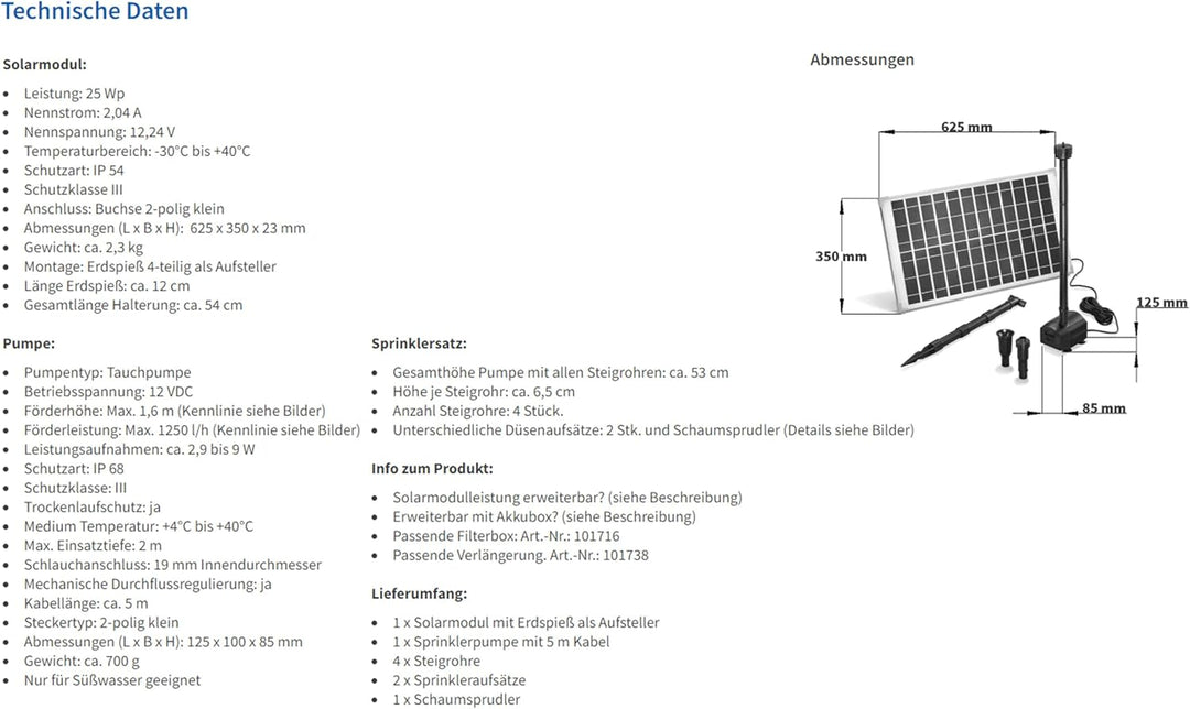esotec Solar Teichpumpenset 25/1250 mit 25 W Solarmodul, Solarteichpumpe 1250l/h, Wasserspiel Garten